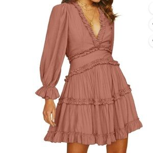 Storia Tan Pink Ruffle V Neck Long Sleeve Mini Dress Size Small